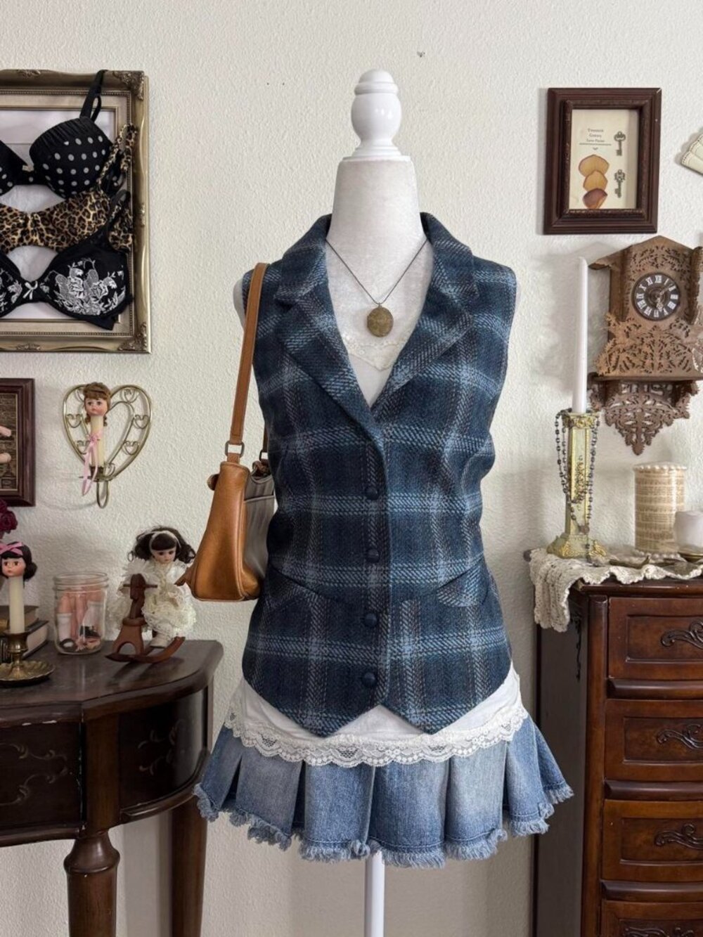 Preppy quirky twee blue plaid cozy wool blend vest